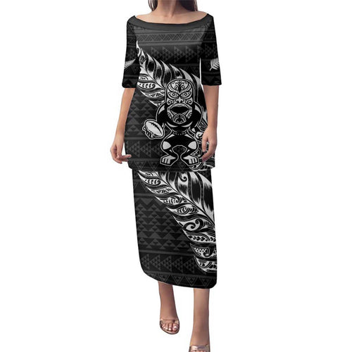 New Zealand Rugby Warrior Custom Family Matching Puletasi and Hawaiian Shirt Black Fern Taniko Motif