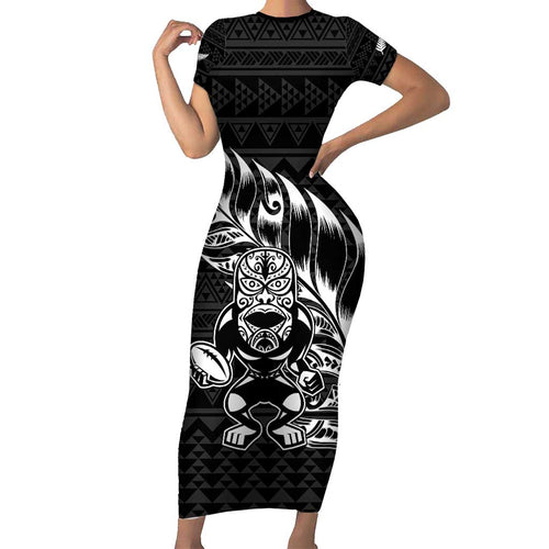 New Zealand Rugby Warrior Custom Family Matching Short Sleeve Bodycon Dress and Hawaiian Shirt Black Fern Taniko Motif