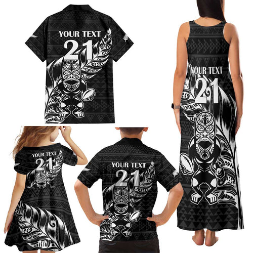 New Zealand Rugby Warrior Custom Family Matching Tank Maxi Dress and Hawaiian Shirt Black Fern Taniko Motif