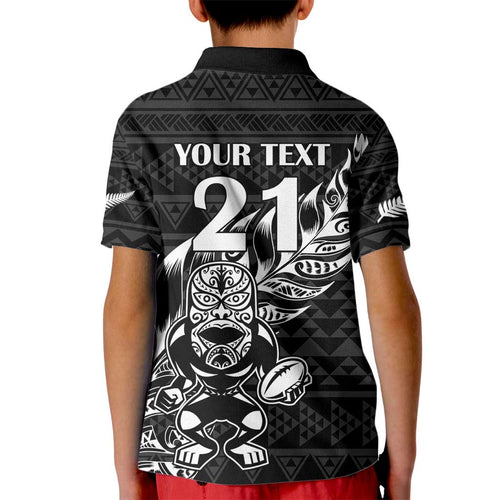 New Zealand Rugby Warrior Custom Kid Polo Shirt Black Fern Taniko Motif