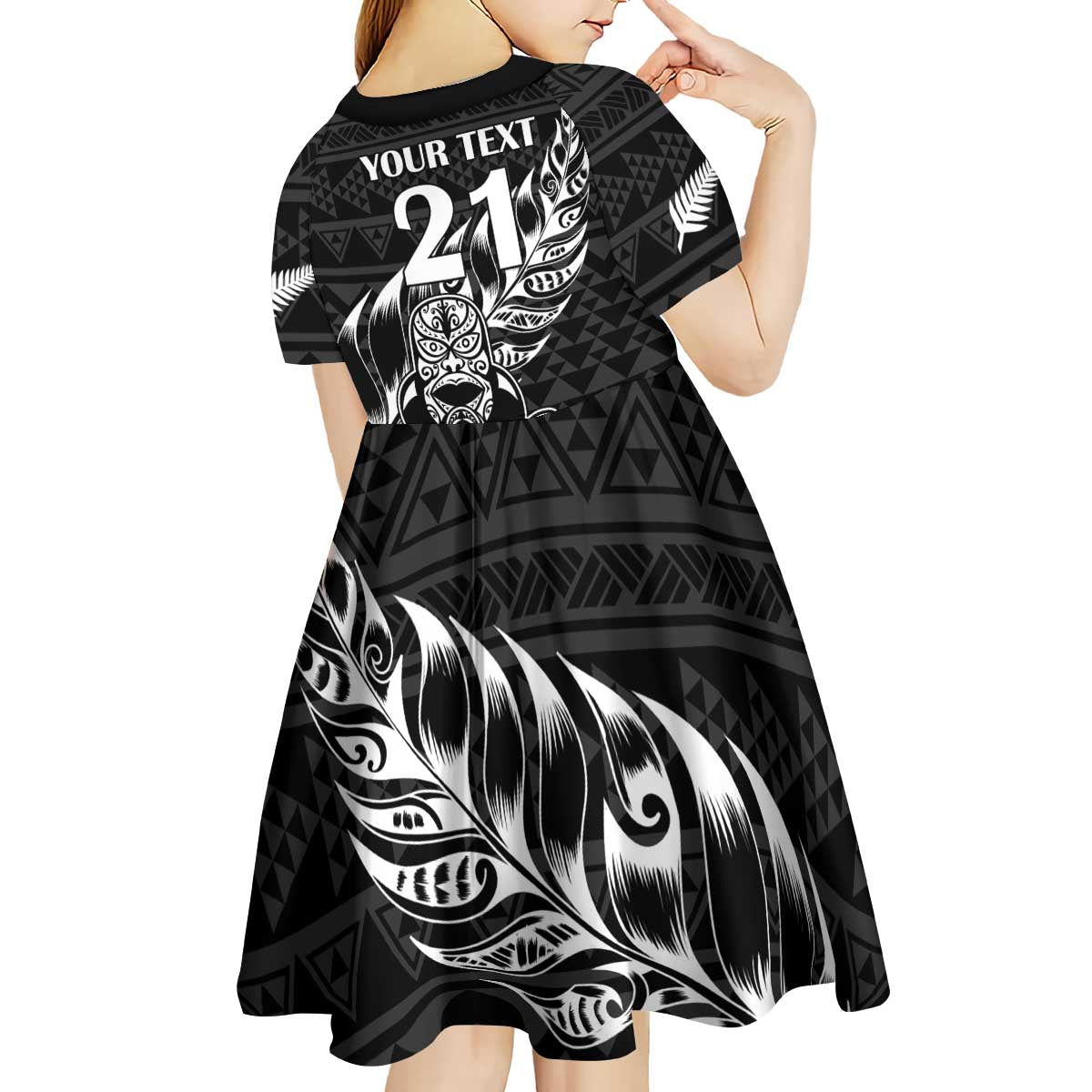 New Zealand Rugby Warrior Custom Kid Short Sleeve Dress Black Fern Taniko Motif