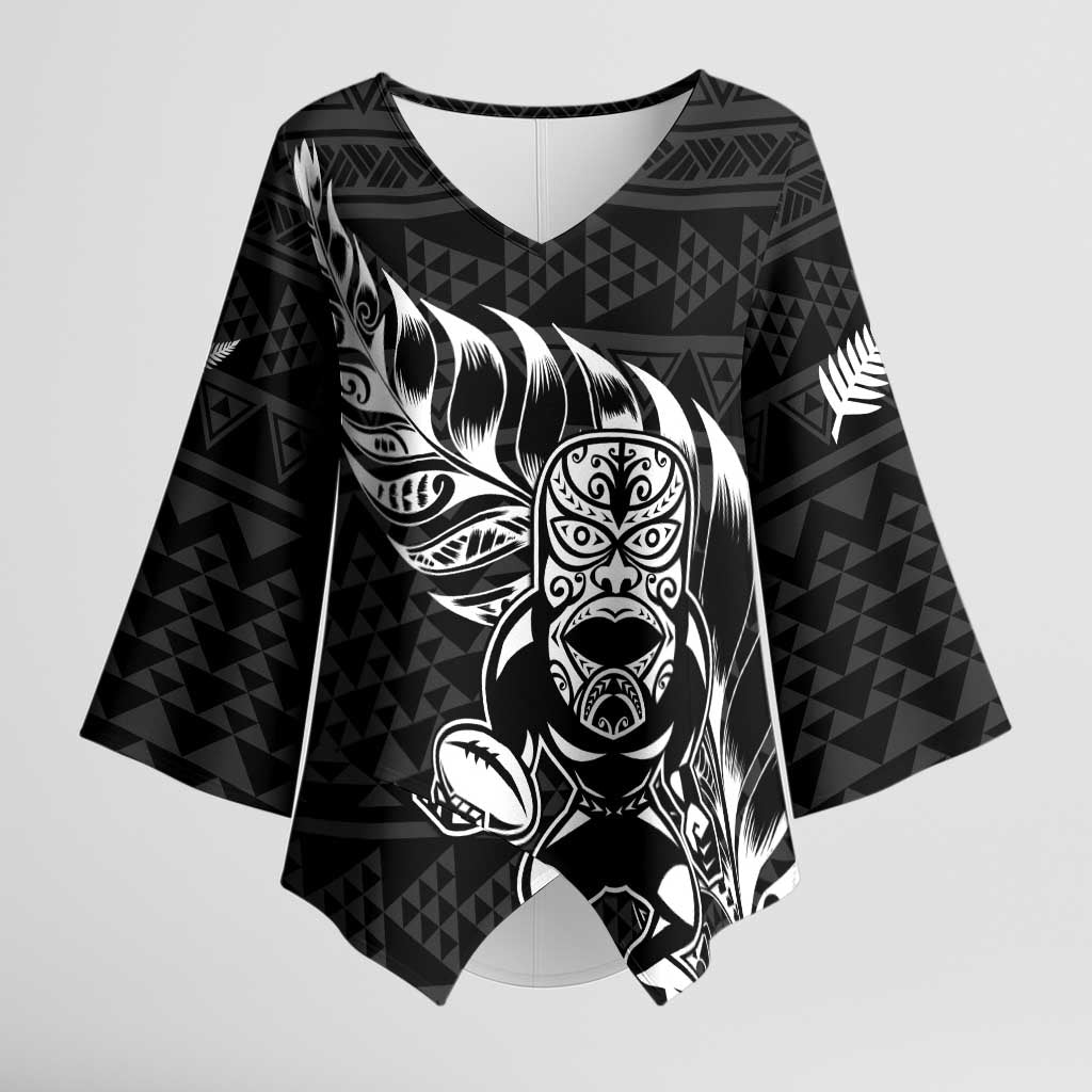New Zealand Rugby Warrior Custom Kimono Sleeve Blouse Black Fern Taniko Motif - Aussie Hoodie