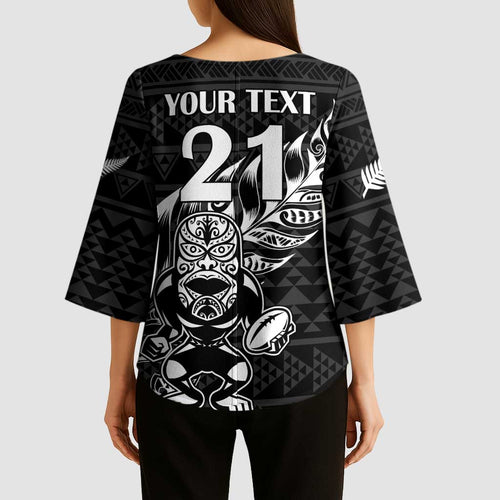New Zealand Rugby Warrior Custom Kimono Sleeve Blouse Black Fern Taniko Motif - Aussie Hoodie