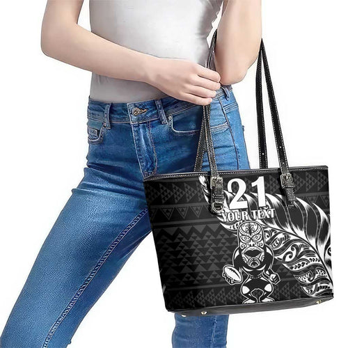 New Zealand Rugby Warrior Custom Leather Tote Bag Black Fern Taniko Motif