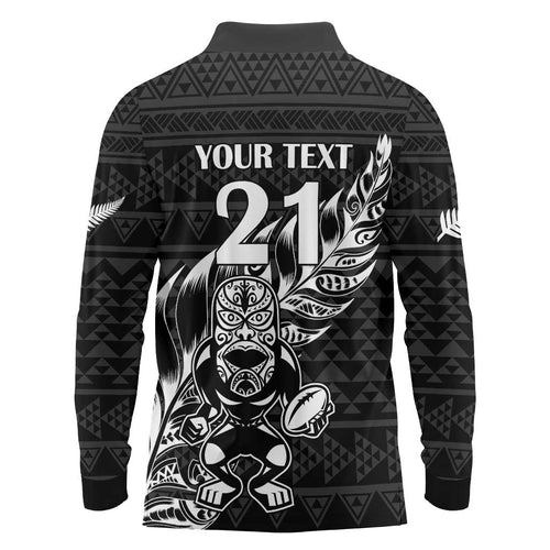 New Zealand Rugby Warrior Custom Long Sleeve Polo Shirt Black Fern Taniko Motif