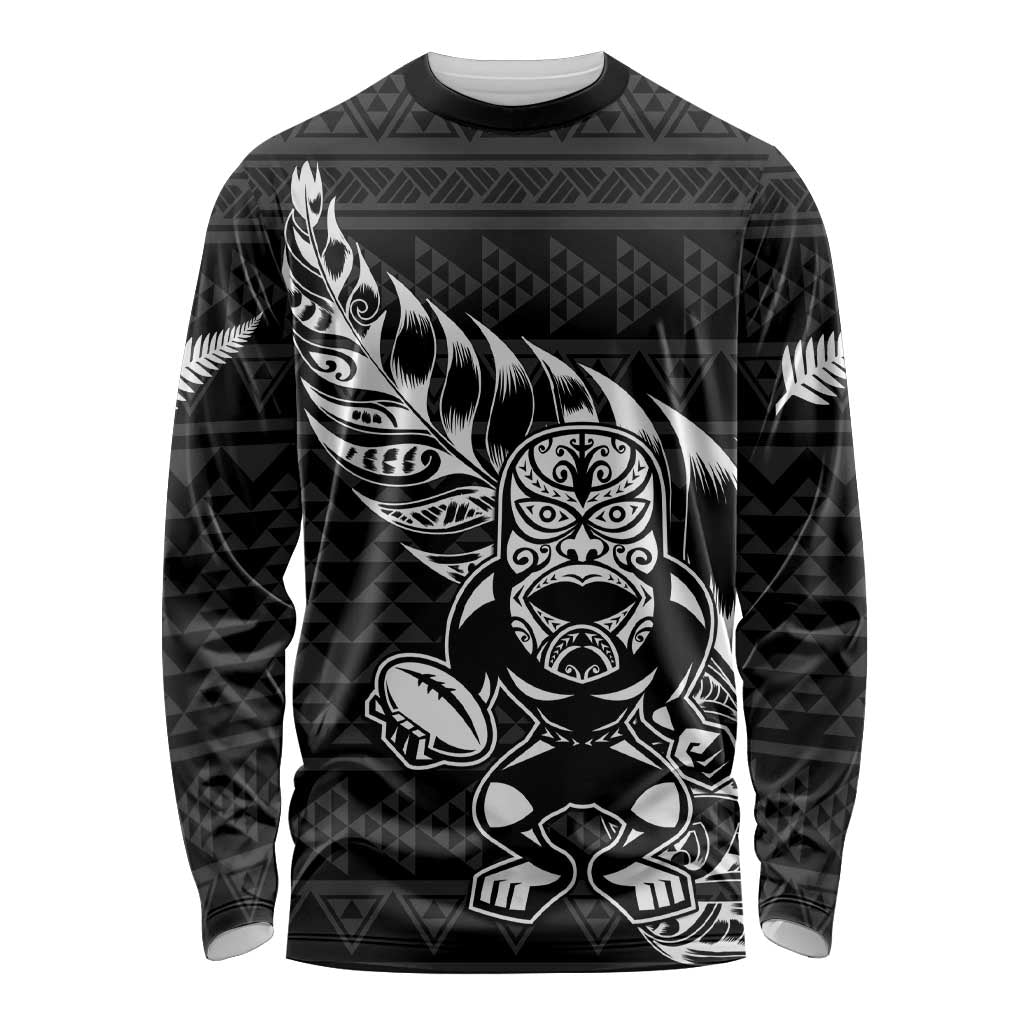 New Zealand Rugby Warrior Custom Long Sleeve Shirt Black Fern Taniko Motif