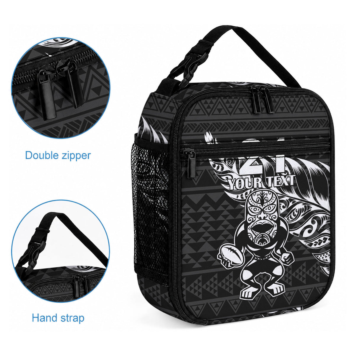New Zealand Maori Rugby Warrior Custom Lunch Bag Black Fern Taniko Motif