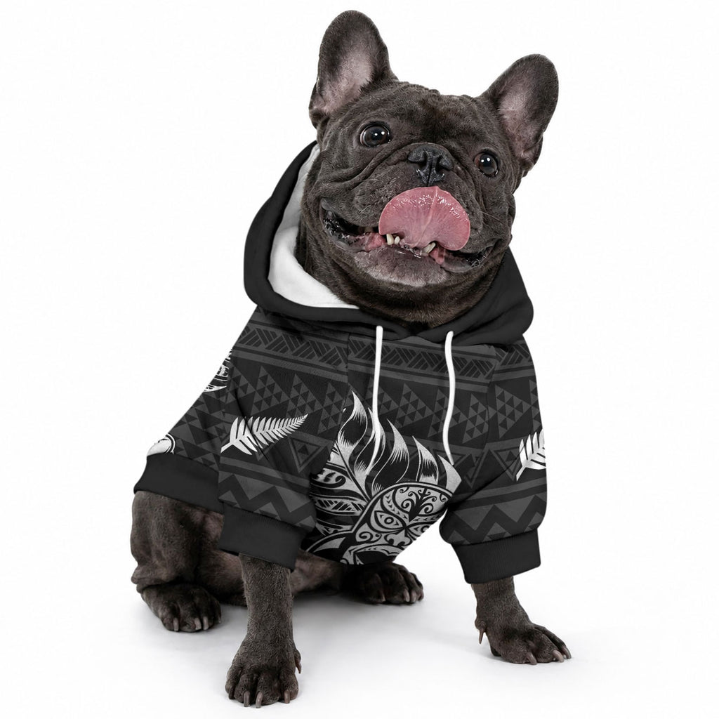 New Zealand Maori Rugby Warrior Custom Pet Hoodie Black Fern Taniko Motif