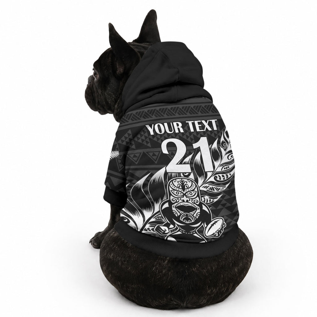 New Zealand Maori Rugby Warrior Custom Pet Hoodie Black Fern Taniko Motif
