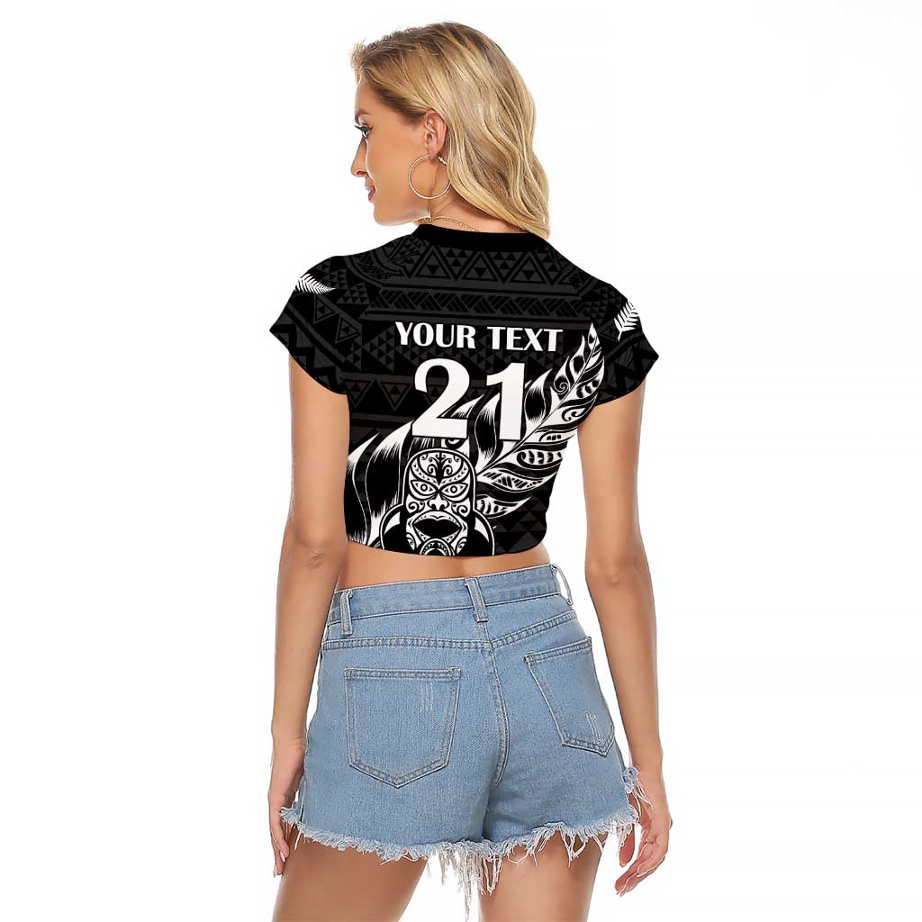 New Zealand Rugby Warrior Custom Raglan Cropped T Shirt Black Fern Taniko Motif