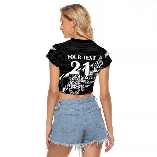 New Zealand Rugby Warrior Custom Raglan Cropped T Shirt Black Fern Taniko Motif