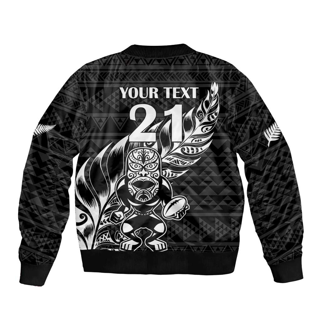 New Zealand Rugby Warrior Custom Sleeve Zip Bomber Jacket Black Fern Taniko Motif