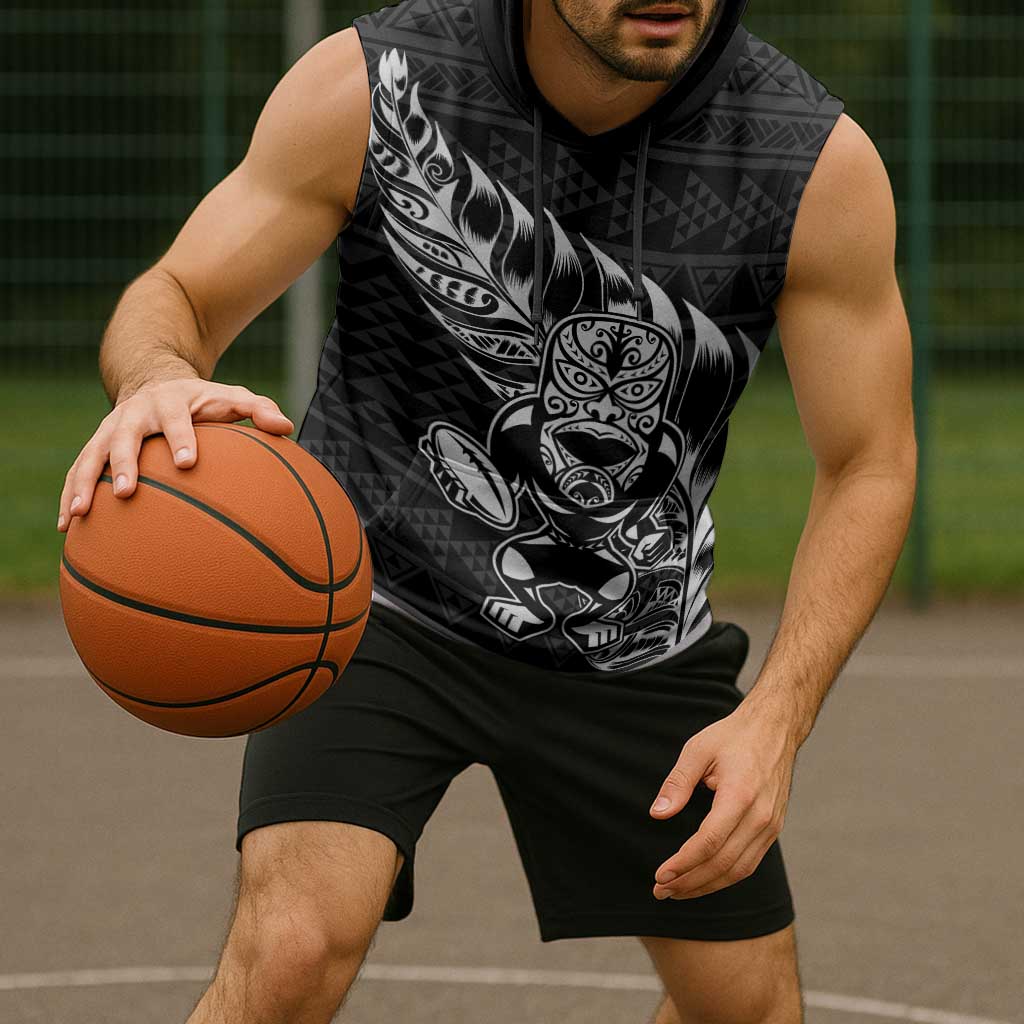 New Zealand Rugby Warrior Custom Sleeveless Hoodie Black Fern Taniko Motif - Aussie Hoodie