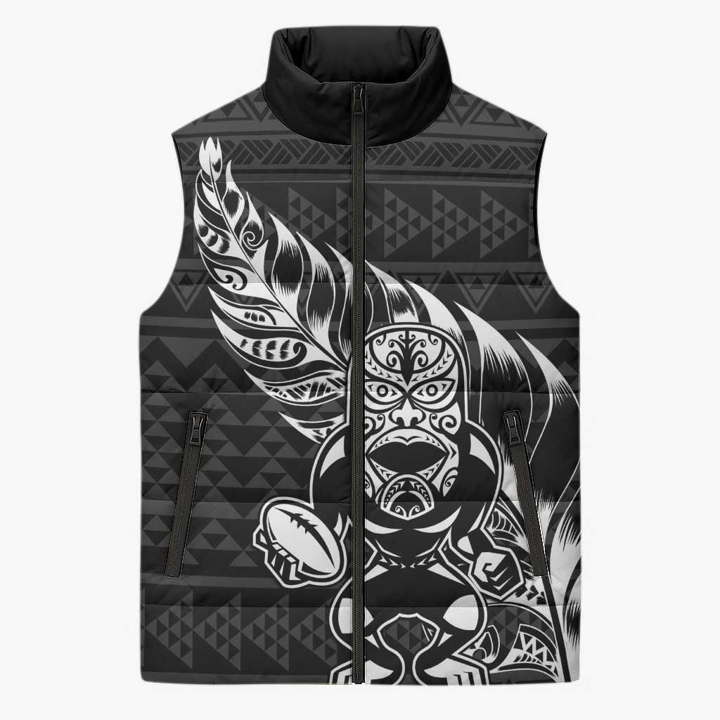 New Zealand Rugby Warrior Custom Sleeveless Puffer Jacket Black Fern Taniko Motif - Aussie Hoodie