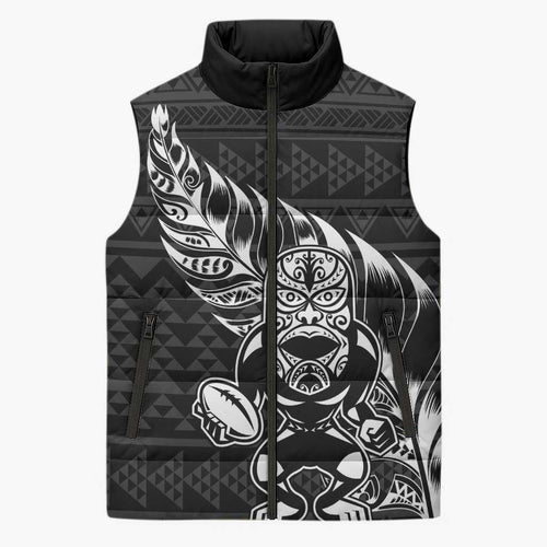 New Zealand Rugby Warrior Custom Sleeveless Puffer Jacket Black Fern Taniko Motif - Aussie Hoodie