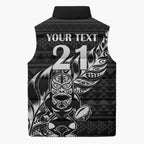 New Zealand Rugby Warrior Custom Sleeveless Puffer Jacket Black Fern Taniko Motif - Aussie Hoodie