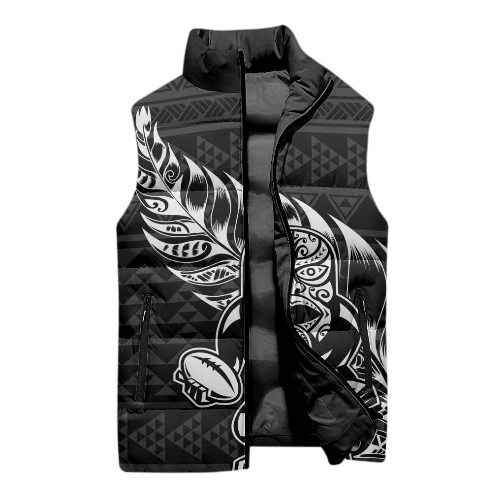 New Zealand Rugby Warrior Custom Sleeveless Puffer Jacket Black Fern Taniko Motif - Aussie Hoodie
