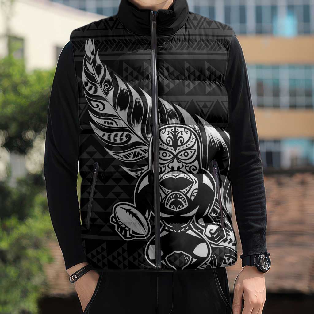 New Zealand Rugby Warrior Custom Sleeveless Puffer Jacket Black Fern Taniko Motif - Aussie Hoodie