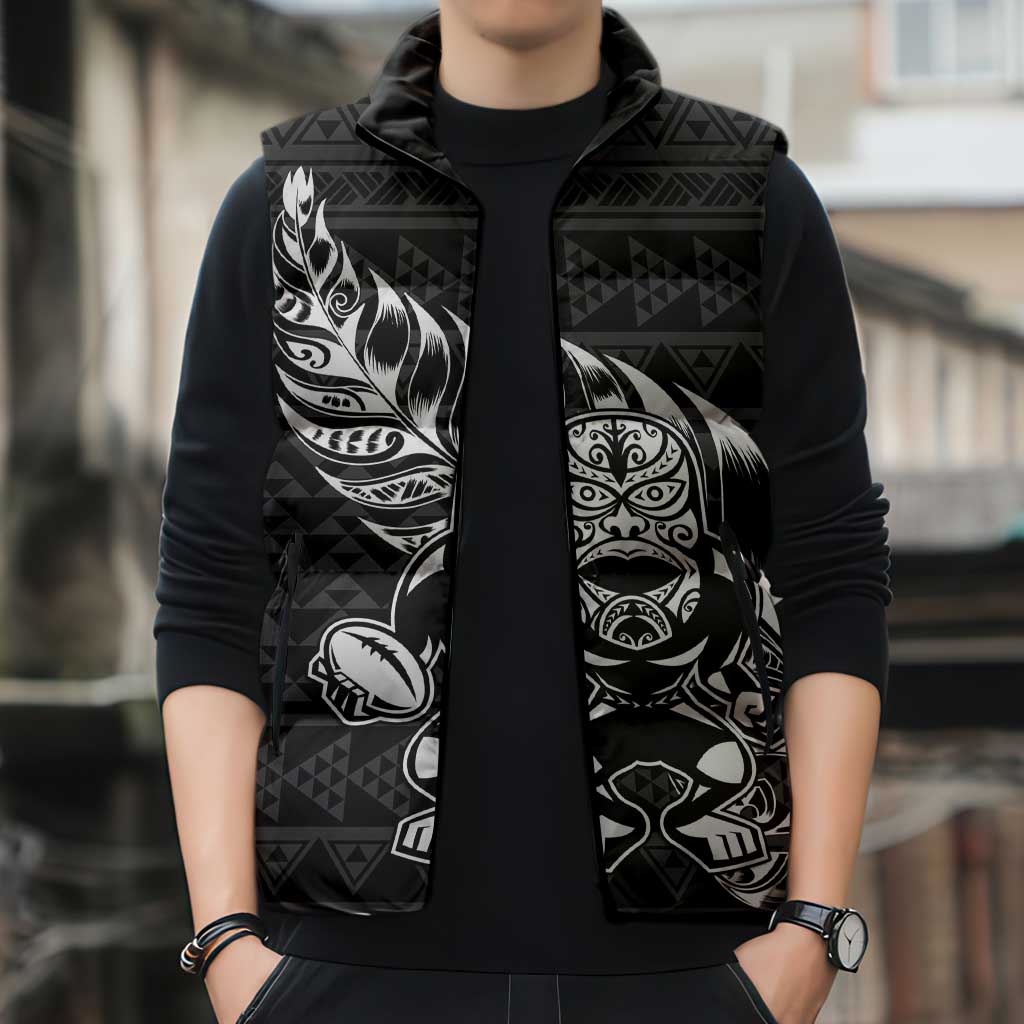 New Zealand Rugby Warrior Custom Sleeveless Puffer Jacket Black Fern Taniko Motif - Aussie Hoodie
