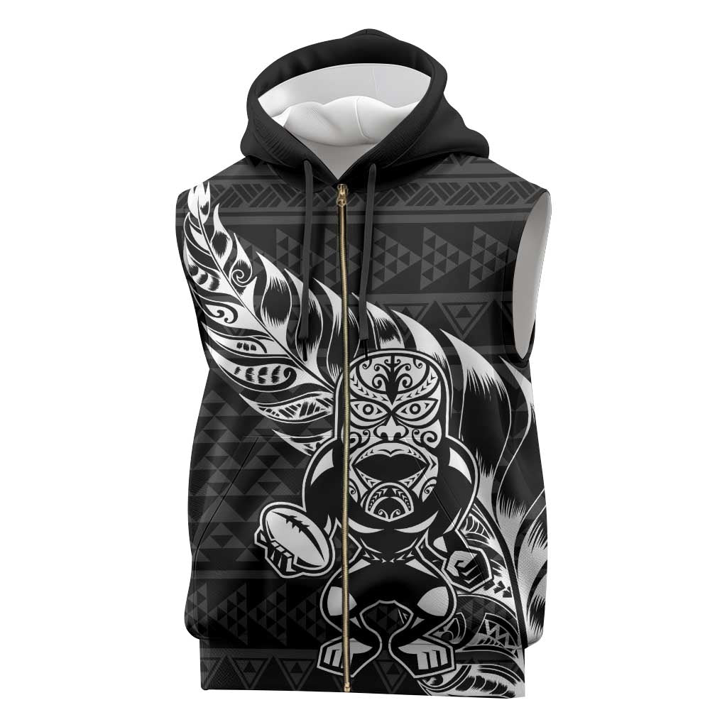 New Zealand Rugby Warrior Custom Sleeveless Zip Hoodie Black Fern Taniko Motif - Aussie Hoodie