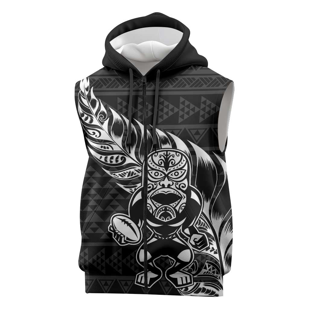 New Zealand Rugby Warrior Custom Sleeveless Zip Hoodie Black Fern Taniko Motif LT9