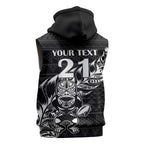 New Zealand Rugby Warrior Custom Sleeveless Zip Hoodie Black Fern Taniko Motif LT9