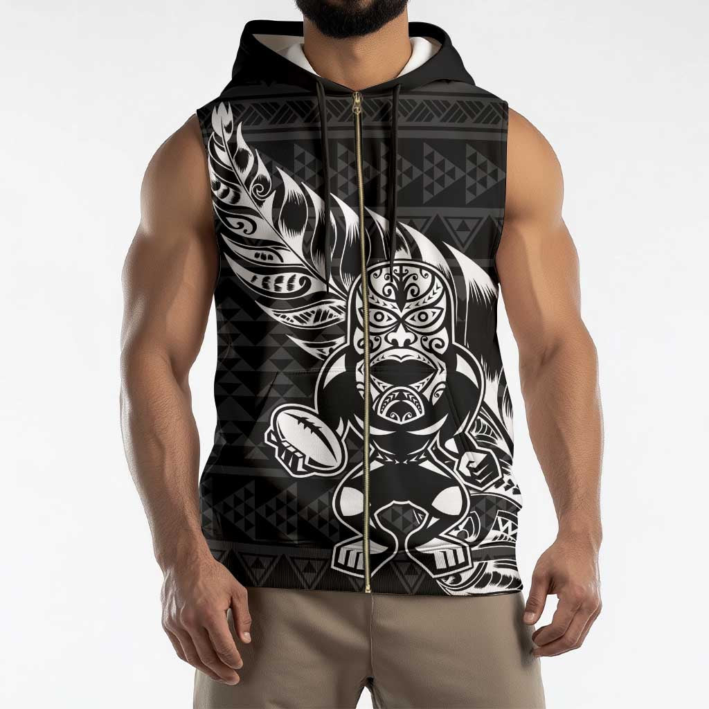 New Zealand Rugby Warrior Custom Sleeveless Zip Hoodie Black Fern Taniko Motif - Aussie Hoodie