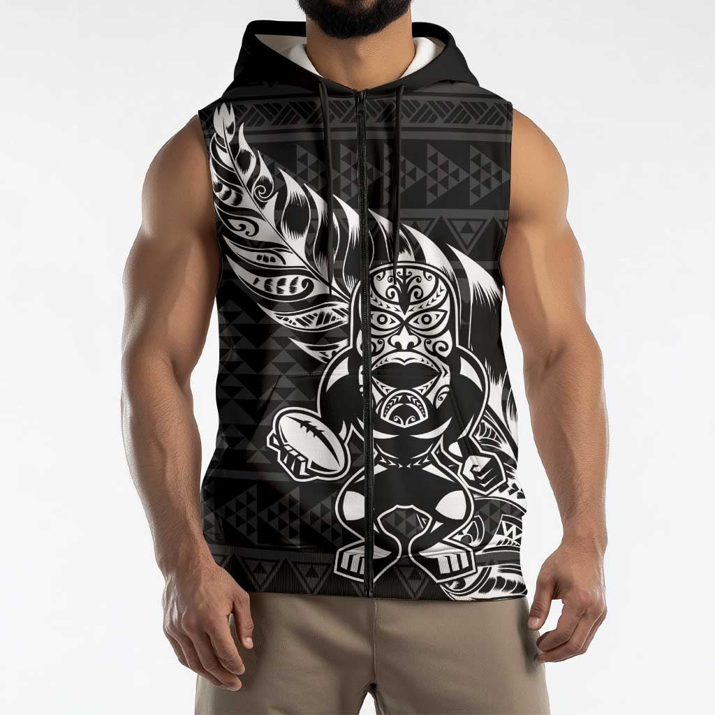 New Zealand Rugby Warrior Custom Sleeveless Zip Hoodie Black Fern Taniko Motif LT9