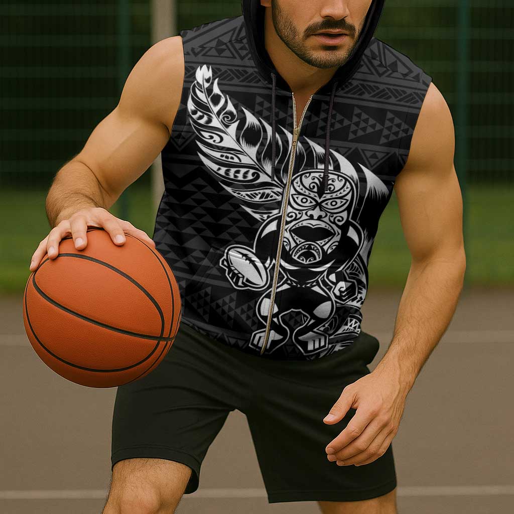 New Zealand Rugby Warrior Custom Sleeveless Zip Hoodie Black Fern Taniko Motif - Aussie Hoodie
