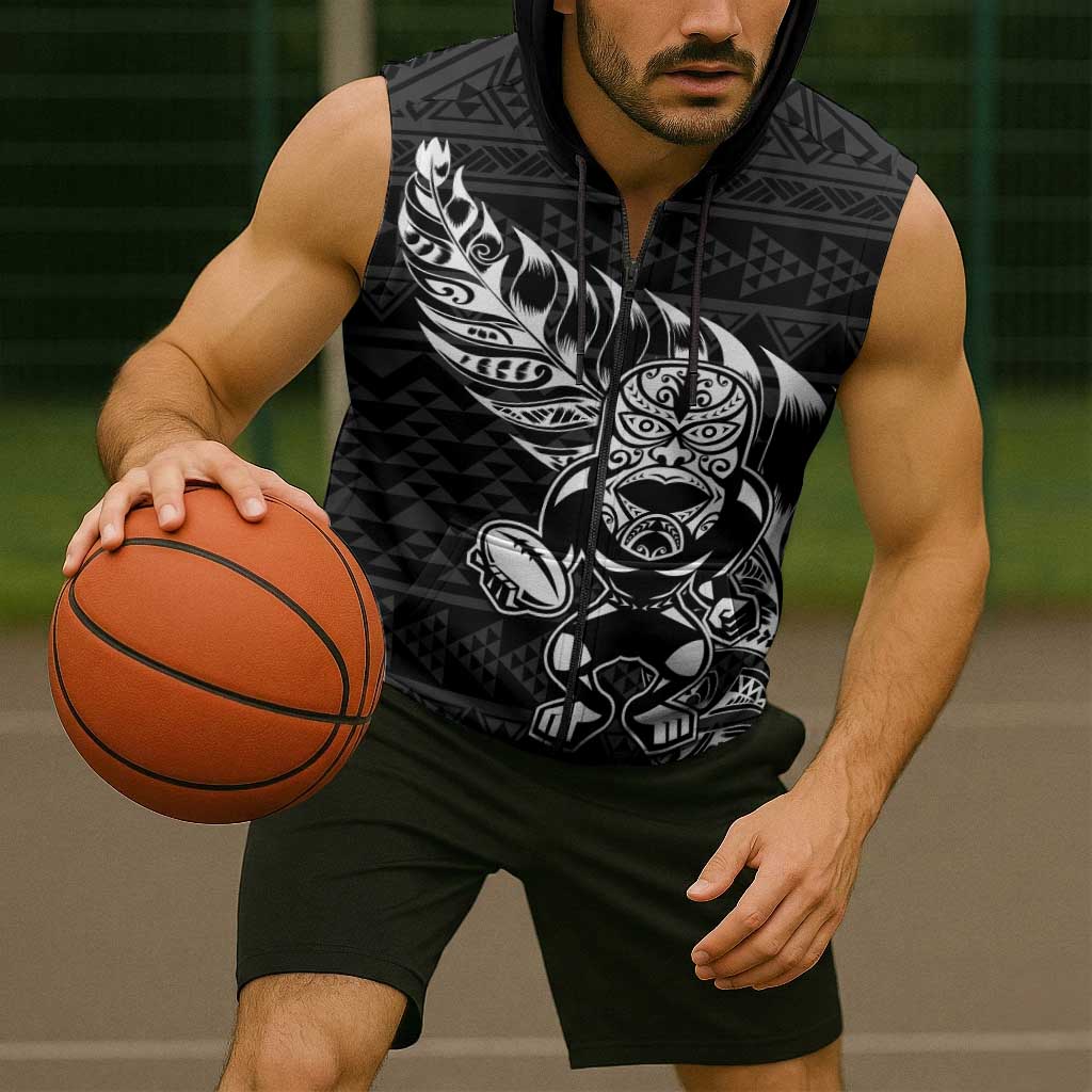 New Zealand Rugby Warrior Custom Sleeveless Zip Hoodie Black Fern Taniko Motif LT9
