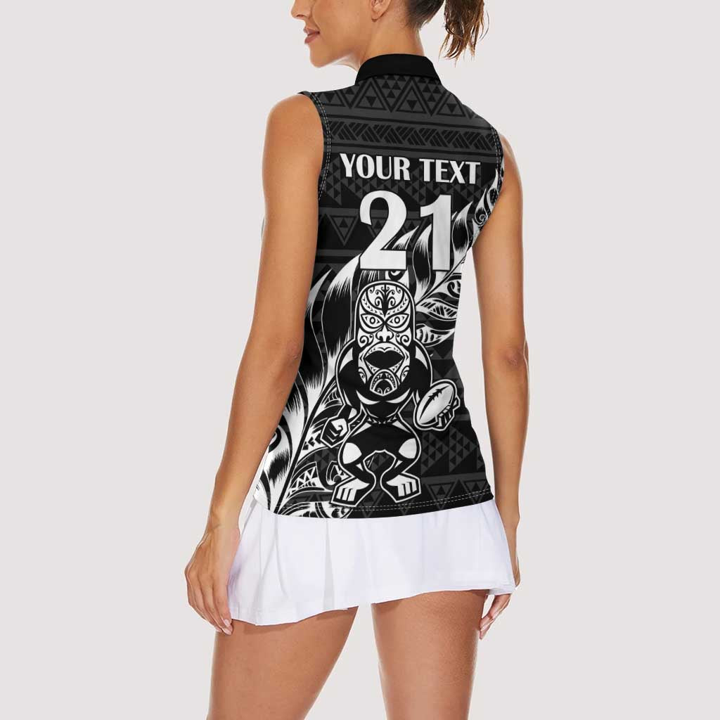 New Zealand Rugby Warrior Custom Women Sleeveless Polo Shirt Black Fern Taniko Motif