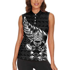 New Zealand Rugby Warrior Custom Women Sleeveless Polo Shirt Black Fern Taniko Motif