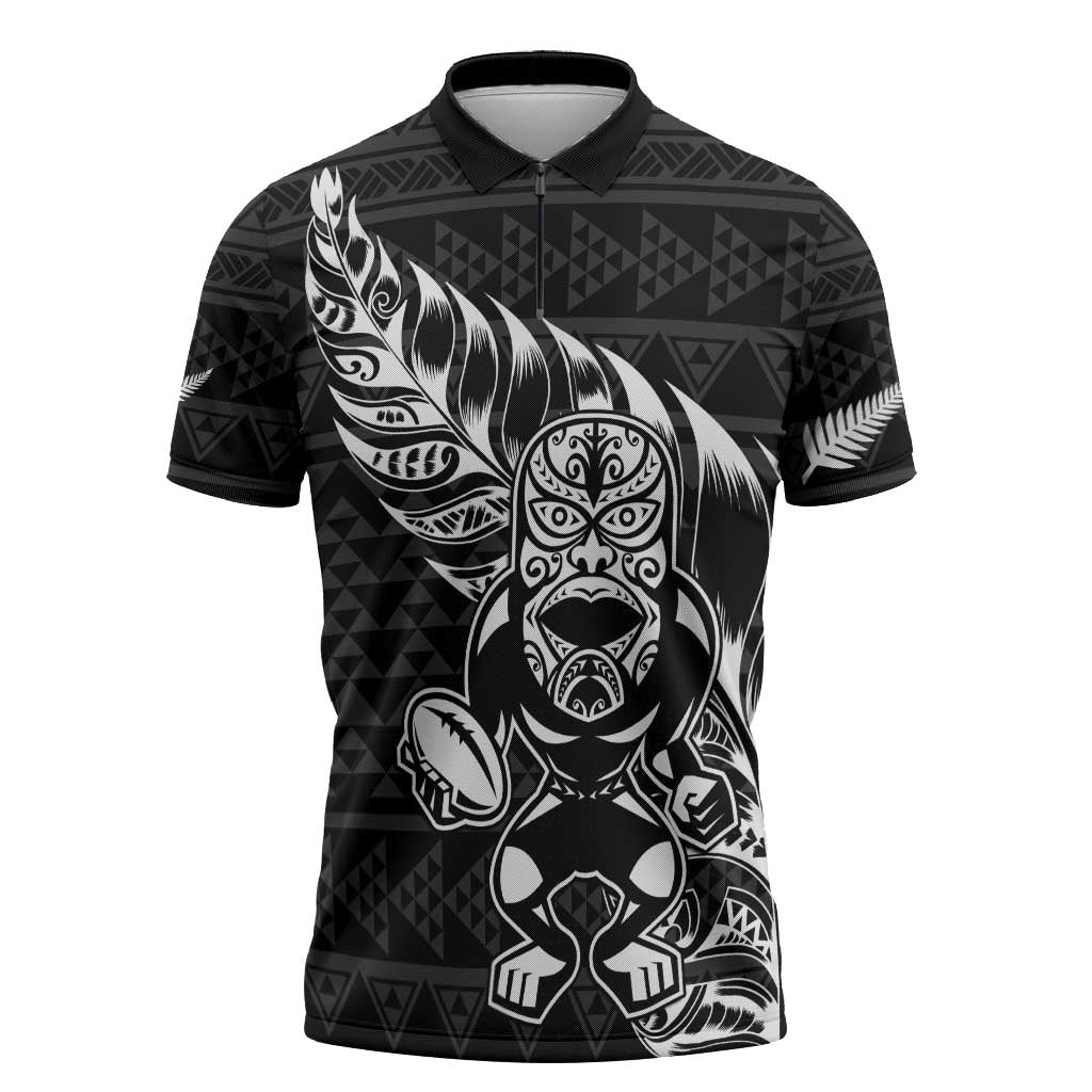 New Zealand Rugby Warrior Custom Zipper Polo Shirt Black Fern Taniko Motif - Aussie Hoodie