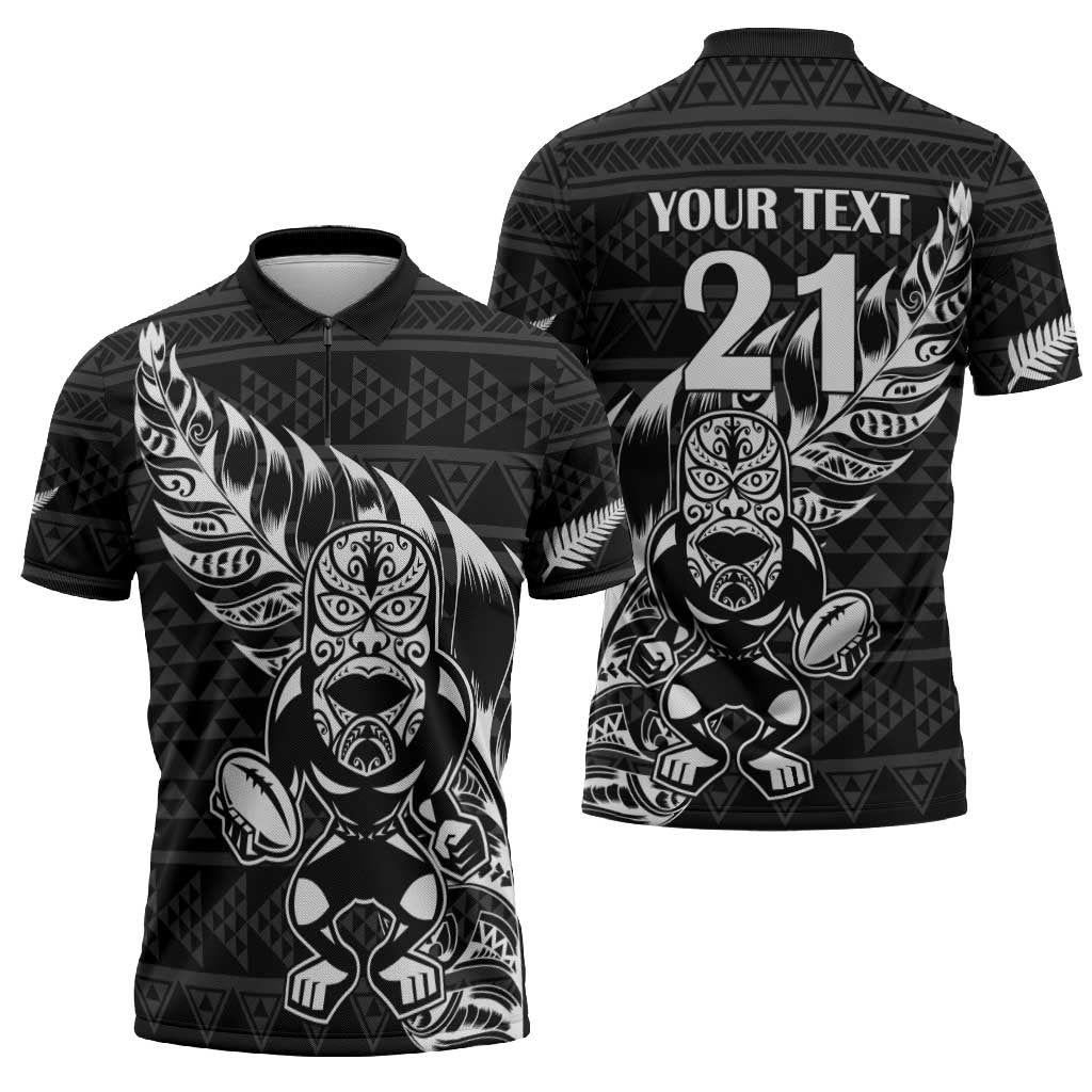 New Zealand Rugby Warrior Custom Zipper Polo Shirt Black Fern Taniko Motif - Aussie Hoodie