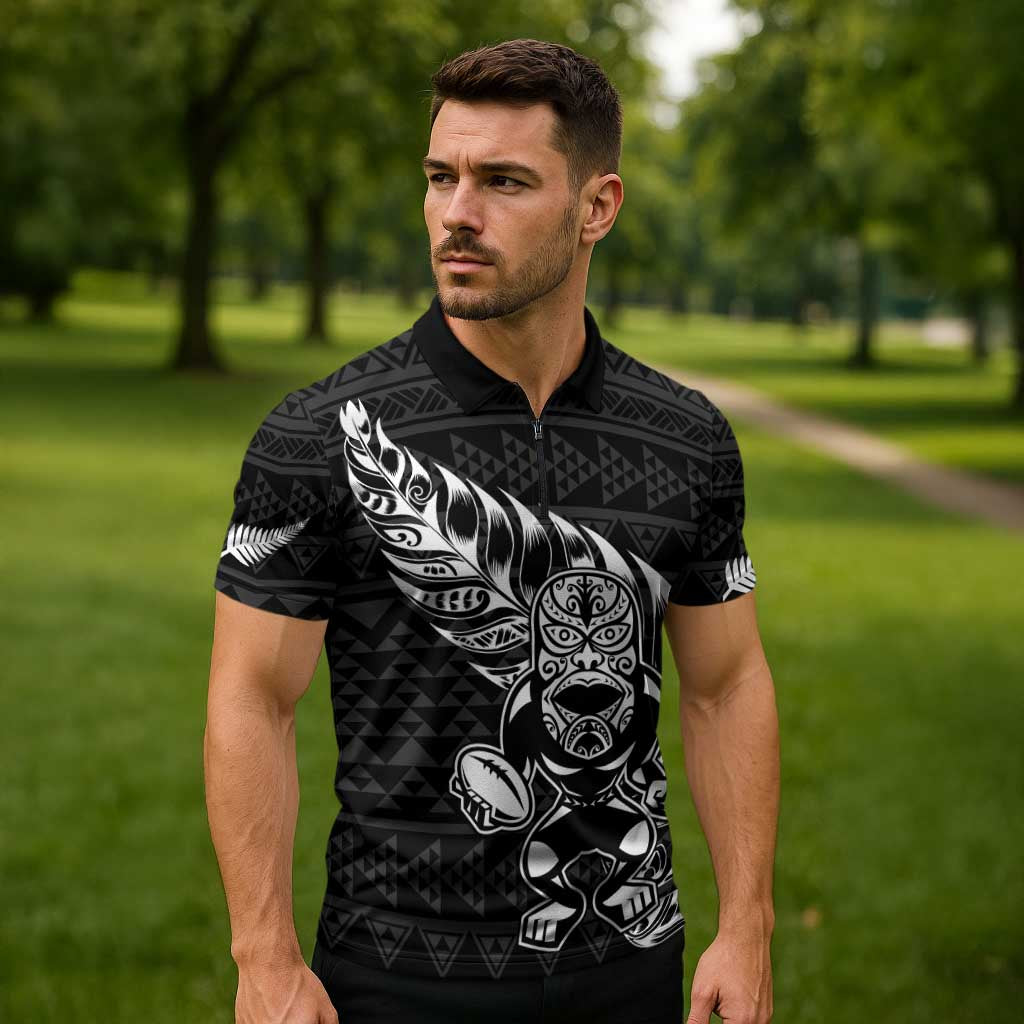 New Zealand Rugby Warrior Custom Zipper Polo Shirt Black Fern Taniko Motif - Aussie Hoodie