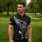 New Zealand Rugby Warrior Custom Zipper Polo Shirt Black Fern Taniko Motif - Aussie Hoodie