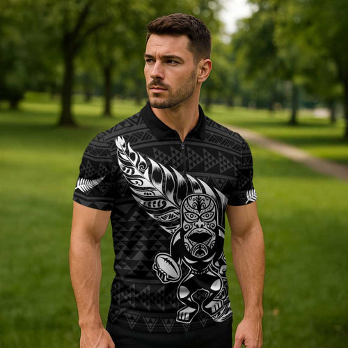 New Zealand Rugby Warrior Custom Zipper Polo Shirt Black Fern Taniko Motif - Aussie Hoodie