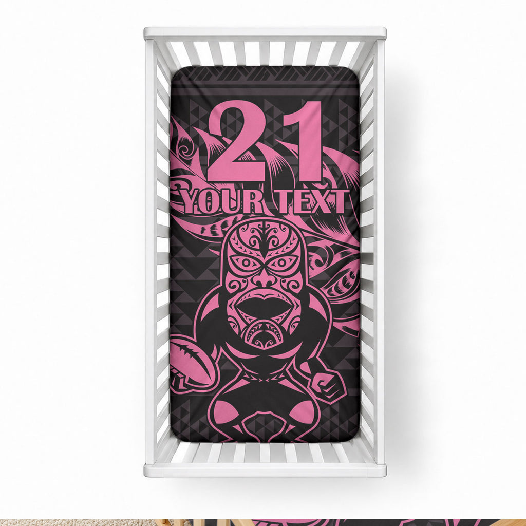New Zealand Maori Rugby Warrior Custom Baby Bed Cover Pink Fern Taniko Motif