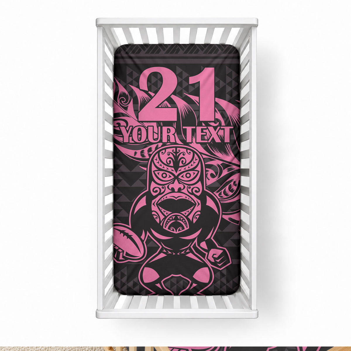 New Zealand Maori Rugby Warrior Custom Baby Bed Cover Pink Fern Taniko Motif
