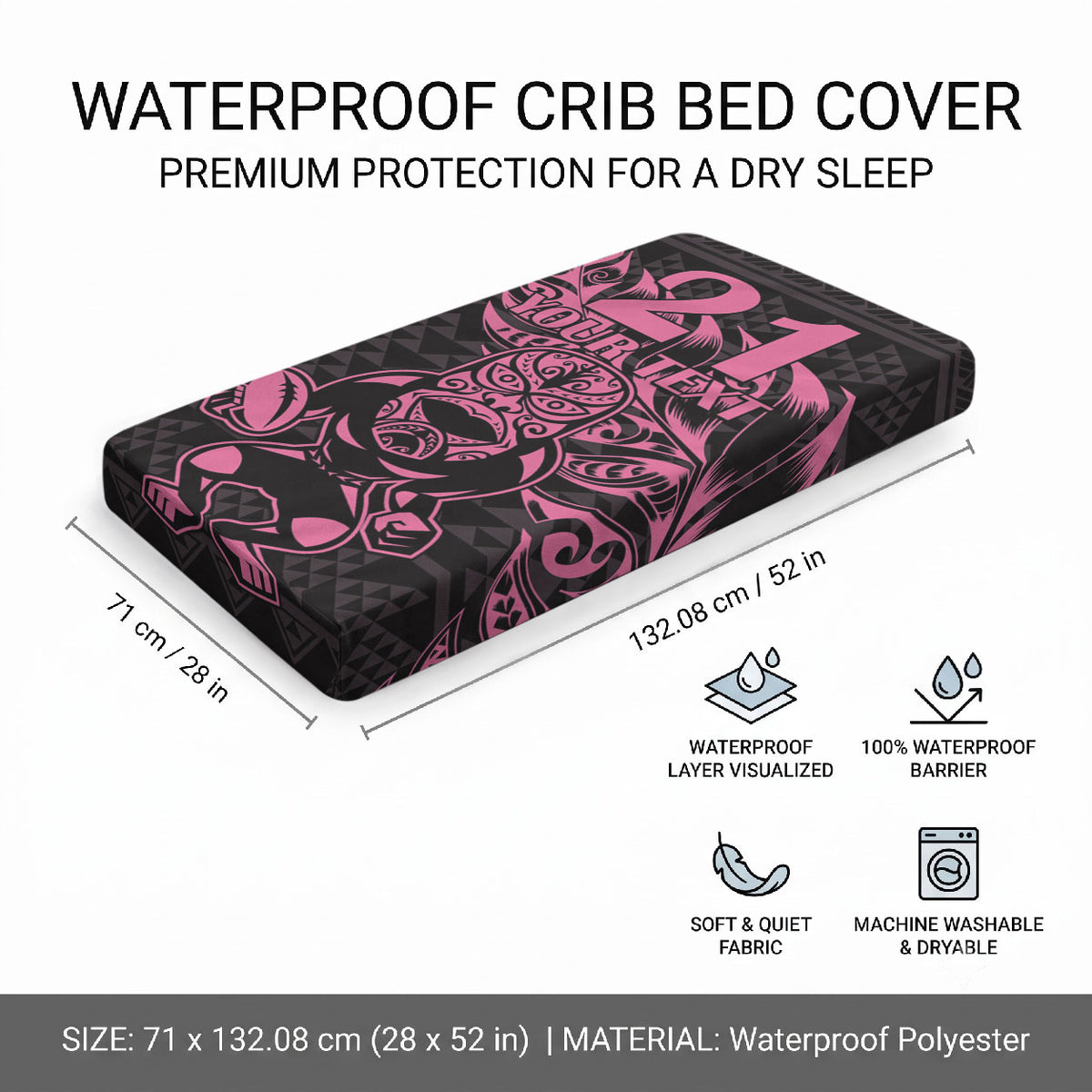 New Zealand Maori Rugby Warrior Custom Baby Bed Cover Pink Fern Taniko Motif