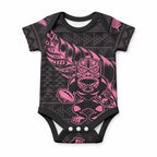 New Zealand Maori Rugby Warrior Custom Baby Onesie Pink Fern Taniko Motif