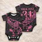 New Zealand Maori Rugby Warrior Custom Baby Onesie Pink Fern Taniko Motif