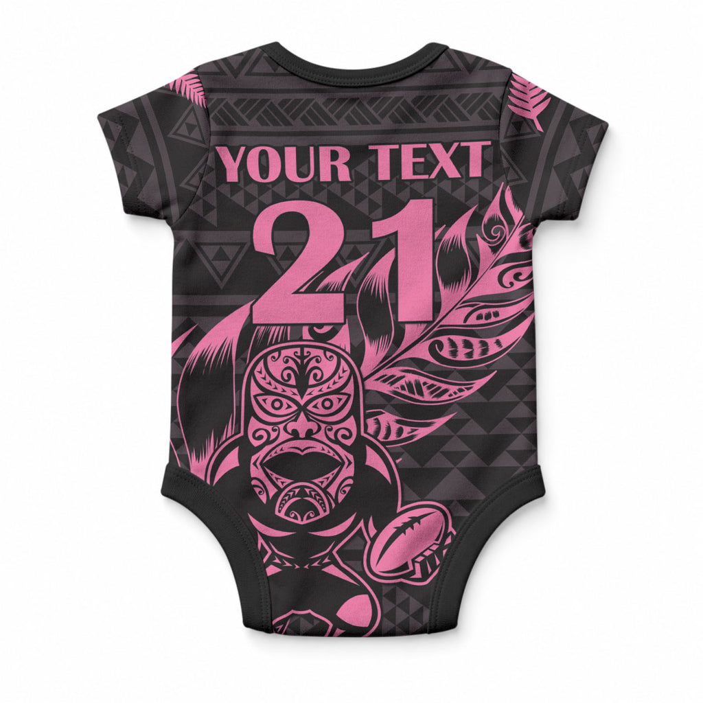 New Zealand Maori Rugby Warrior Custom Baby Onesie Pink Fern Taniko Motif