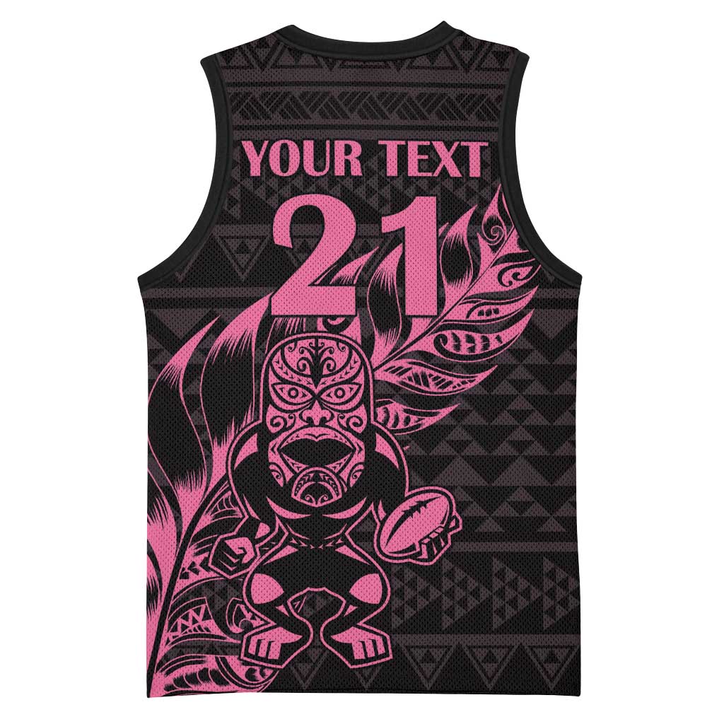New Zealand Rugby Warrior Custom Basketball Jersey Pink Fern Taniko Motif - Aussie Hoodie