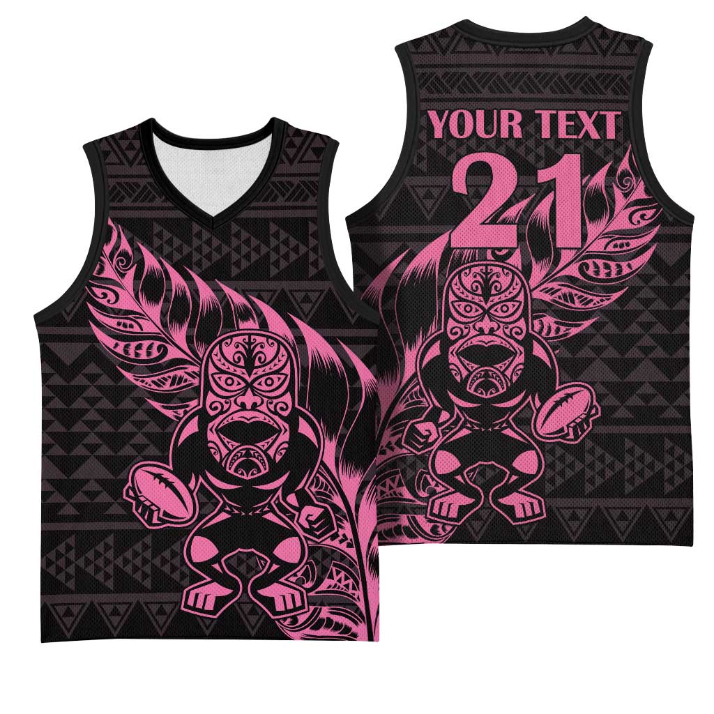 New Zealand Rugby Warrior Custom Basketball Jersey Pink Fern Taniko Motif - Aussie Hoodie