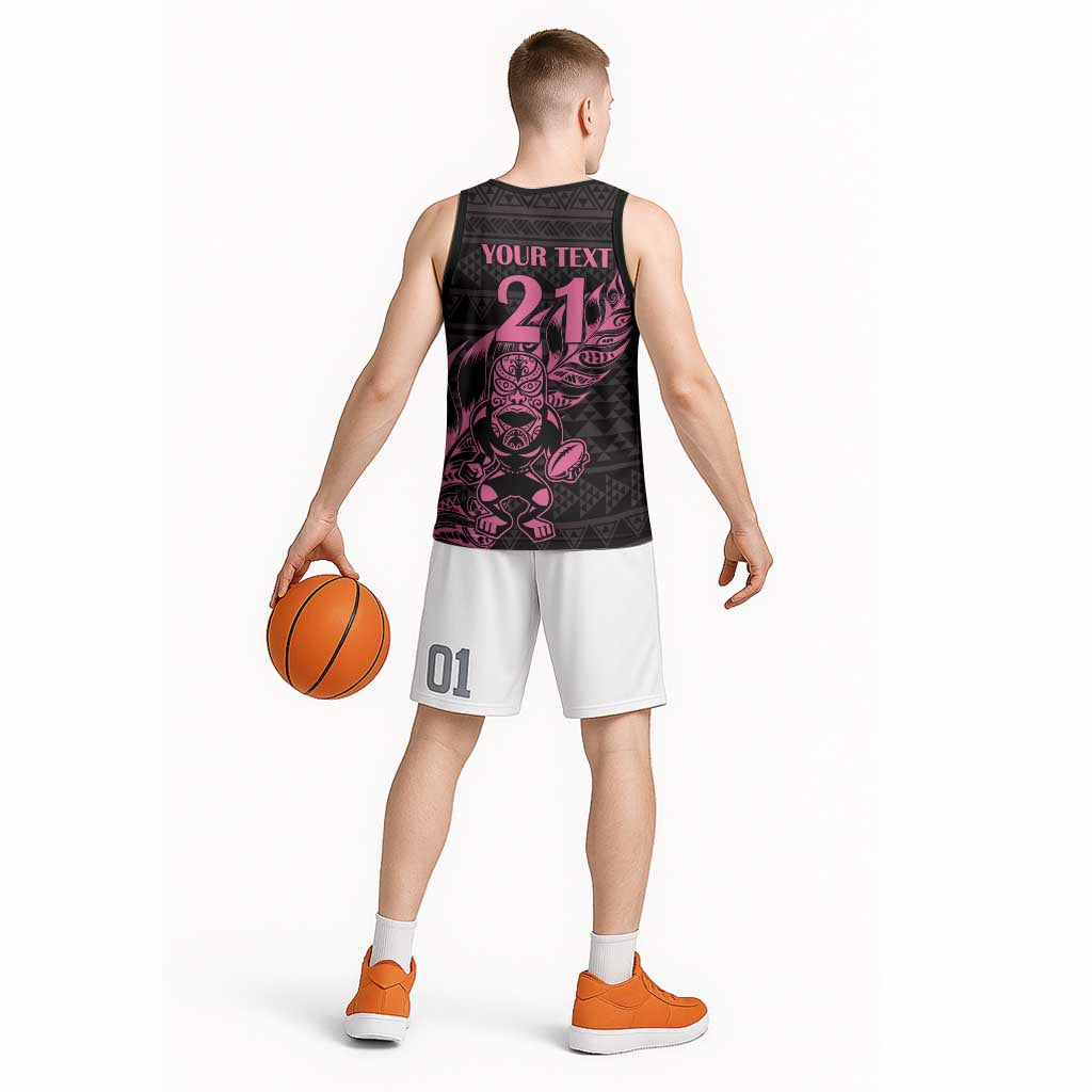 New Zealand Rugby Warrior Custom Basketball Jersey Pink Fern Taniko Motif - Aussie Hoodie
