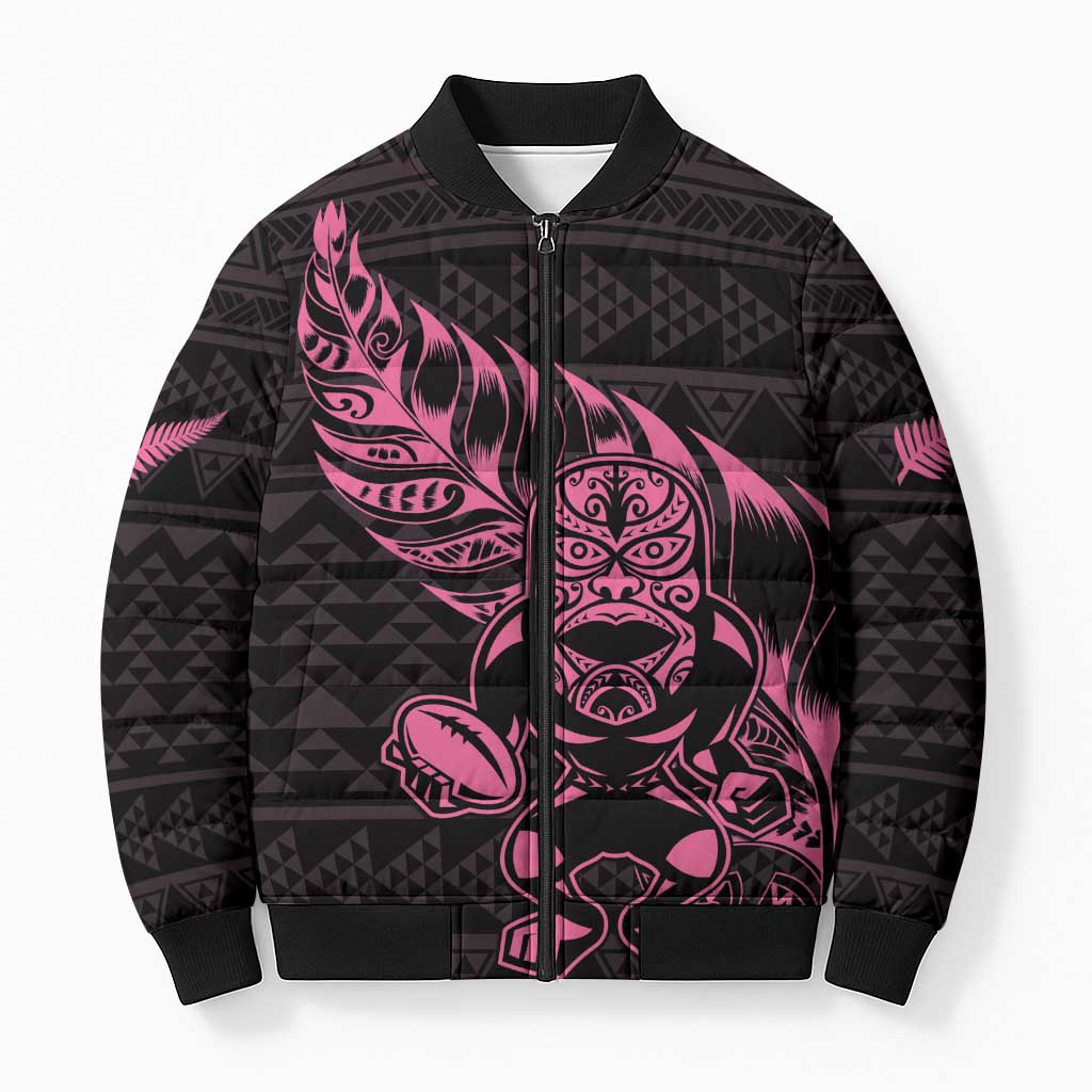 New Zealand Rugby Warrior Custom Bomber Puffer Jacket Pink Fern Taniko Motif - Aussie Hoodie