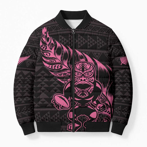 New Zealand Rugby Warrior Custom Bomber Puffer Jacket Pink Fern Taniko Motif - Aussie Hoodie