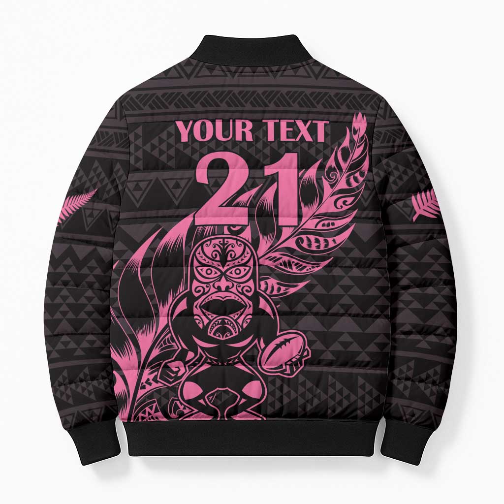 New Zealand Rugby Warrior Custom Bomber Puffer Jacket Pink Fern Taniko Motif - Aussie Hoodie
