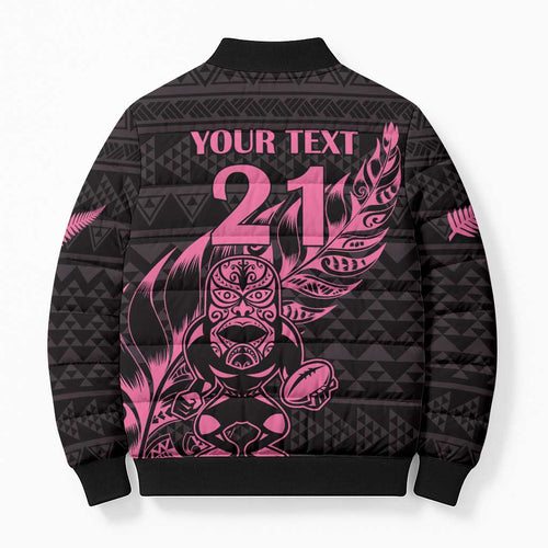 New Zealand Rugby Warrior Custom Bomber Puffer Jacket Pink Fern Taniko Motif - Aussie Hoodie